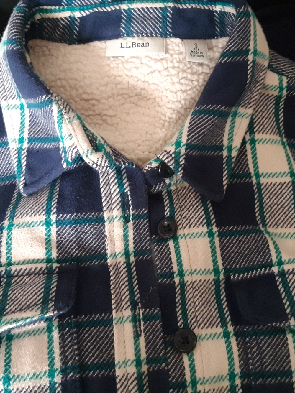 L.L. Bean Navy, Cream & Green Plaid Sherpa-Lined Button-Down Shirt